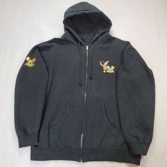 Disneyland Zip Up Hoodie Mens XL 50th Anniversary Jacket Black Mickey Mouse - Picture 2 of 9